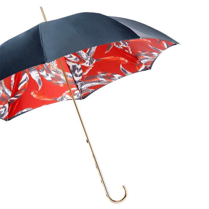 Luxury Collectible Feathers Print Blue Jeweled Handle Umbrella for Women