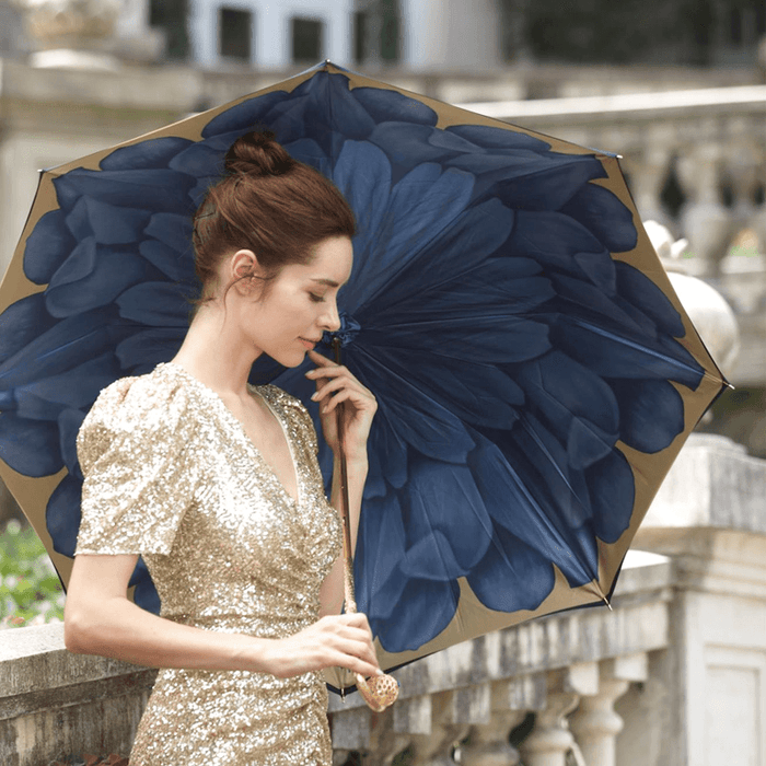 Luxury Blue Dahlia Umbrella for Women, Refined Handle Design