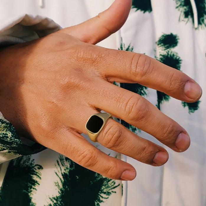 Gold Onyx Stone Signet Ring in Titanium Steel