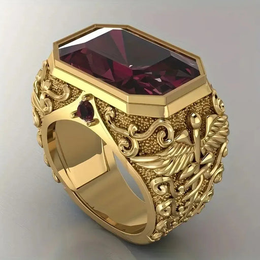 Yellow Gold Plated Vintage Snake Ring with Red Synthetic Zirconia