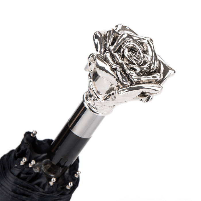 Silver Rose Floral High-Quality Folding Umbrella