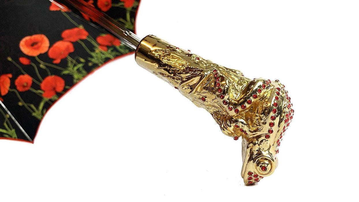 Luxury Umbrella with Red Poppies and Frog and Crystals