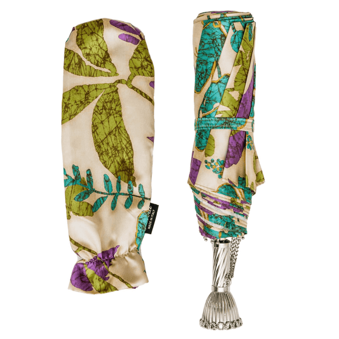 Spring Flower Print Jeweled Brass Folding Umbrella