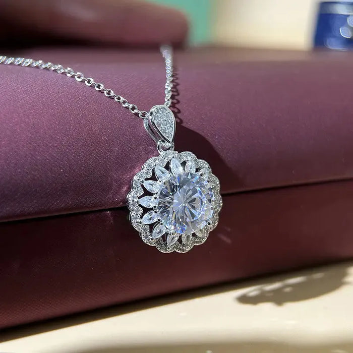 Luxury Moissanite Sunflower Pendant Necklace – Round Cut for Women