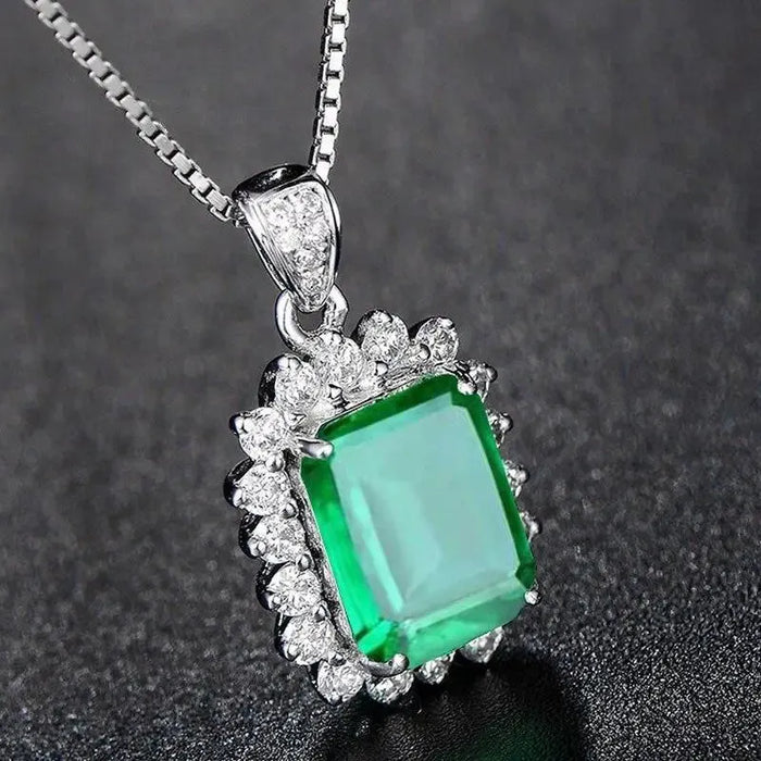 Luxury Square Green Zirconia 925 Sterling Silver Pendant Necklace