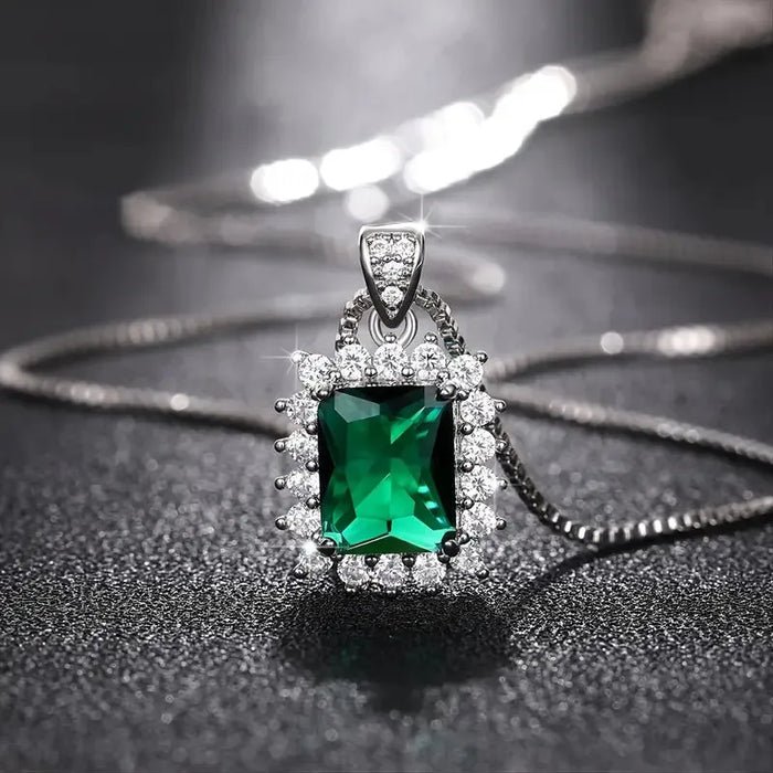 Luxury Square Green Zirconia 925 Sterling Silver Pendant Necklace