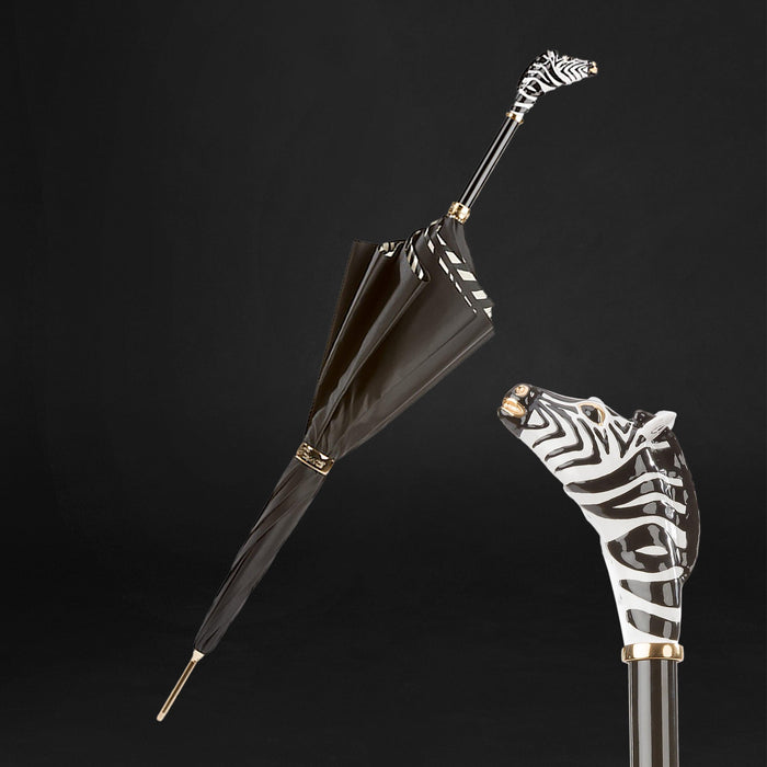 Unique Enameled Zebra Handle Double Black Cloth Umbrella