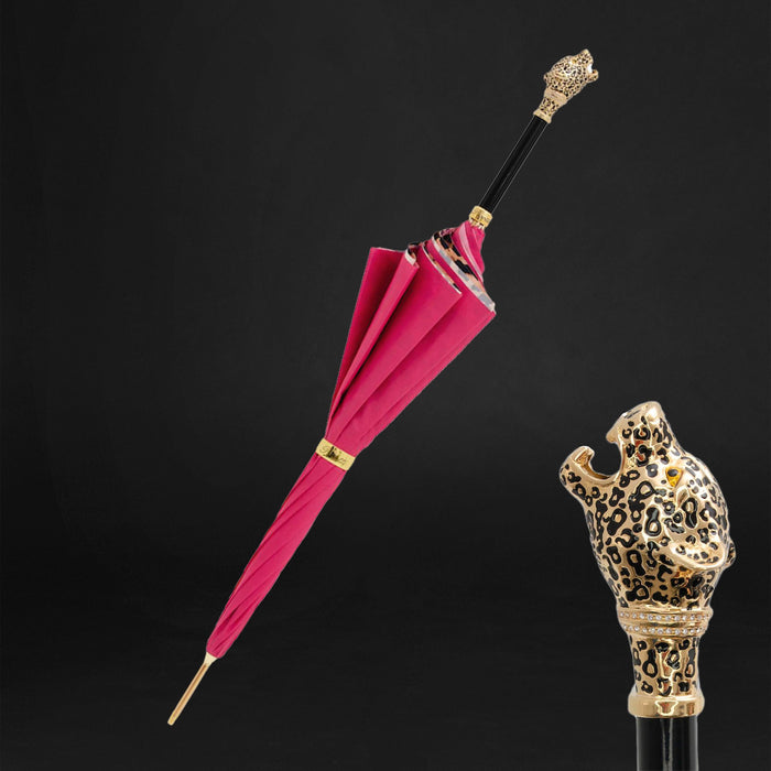 Stylish Leopardized Panther Handle Pink Umbrella