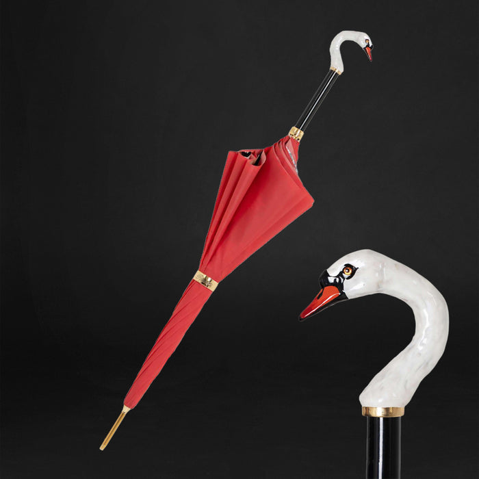 Swan Handle Red Double Cloth Umbrella for Women
