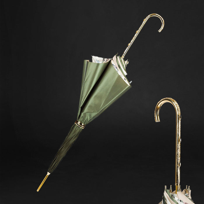 Jeweled Brass Handle Double Cloth Olive Green Umbrella