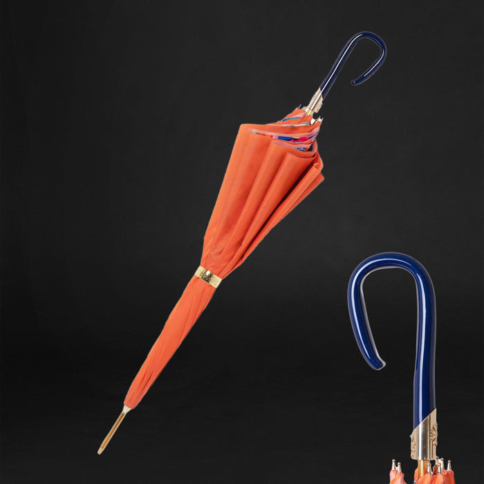 Women's Orange Umbrella with Flowered Interior and Unique Blue Handle