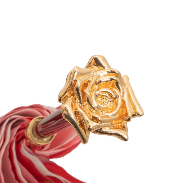 Gold Rose Handle Red Umbrella with Flowered Interior