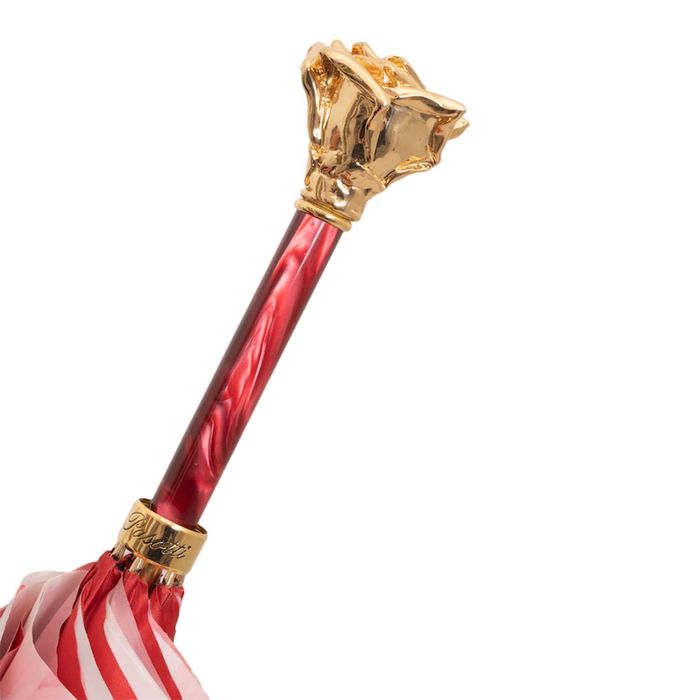 Gold Rose Handle Red Umbrella with Flowered Interior
