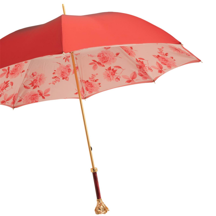 Gold Rose Handle Red Umbrella with Flowered Interior