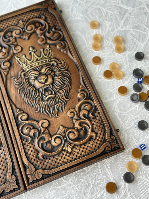 Wooden Backgammon "King Lion", Travel Backgammon Set, Handmade Set