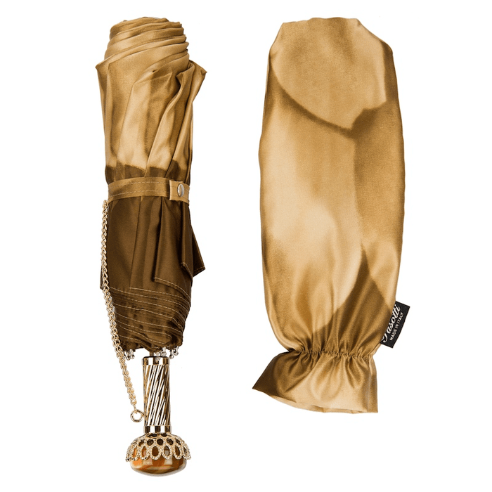 Beige Dahlia Jewel Brass Luxury Folding Umbrella