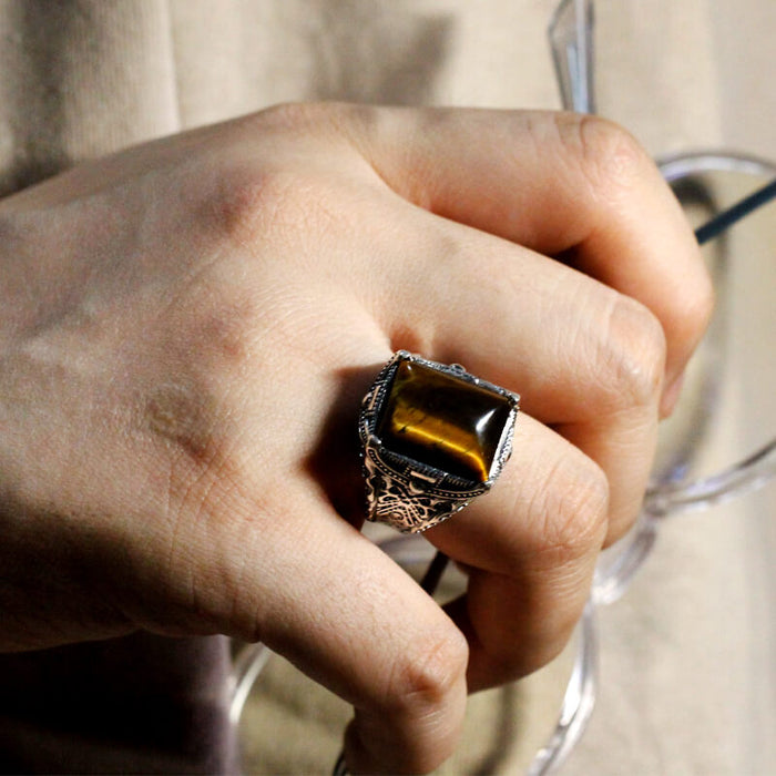 Sterling Silver Tiger Eye Square Men’s Ring