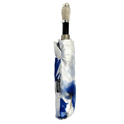 White Folding Umbrella with Blue Poppies Print