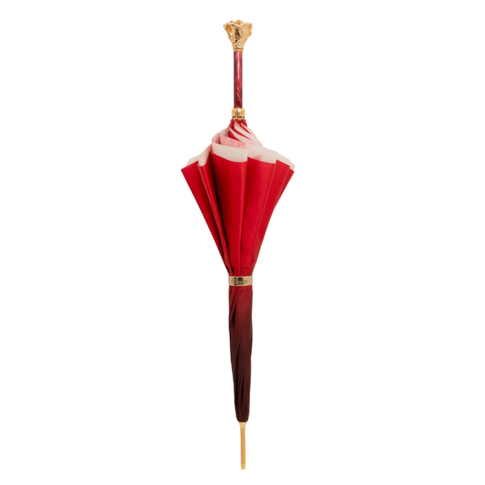 Gold Rose Handle Red Umbrella with Flowered Interior