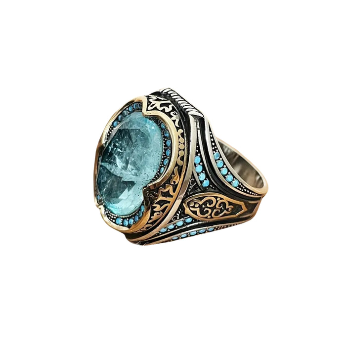 Handcrafted Vintage Turkish Ring with Blue Cubic Zirconia Stone
