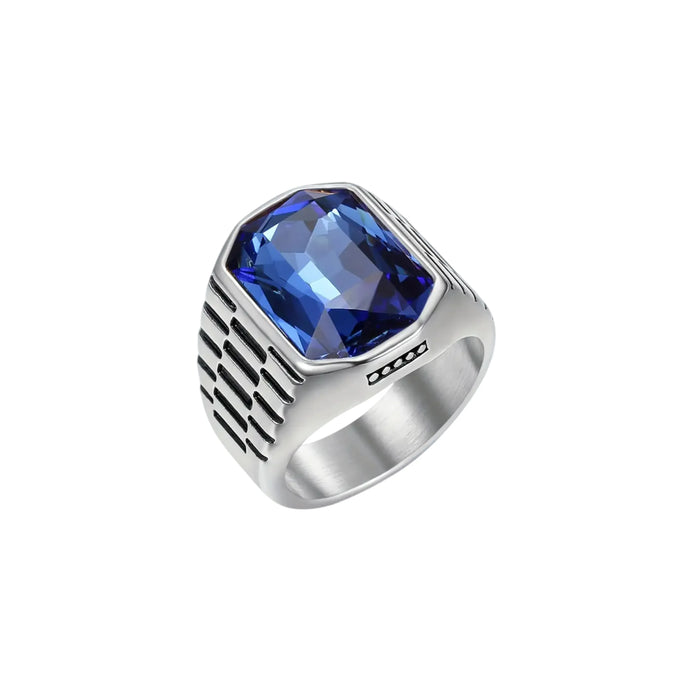 Stainless Steel Ring with Square-Cut Gemstones & Textured Band