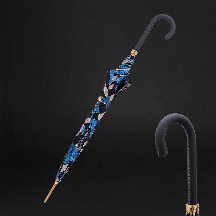 Stylish Blue Flowers Umbrella with Black Leather Handle