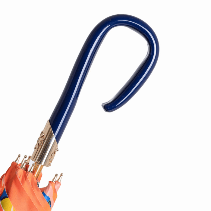 Women's Orange Umbrella with Flowered Interior and Unique Blue Handle