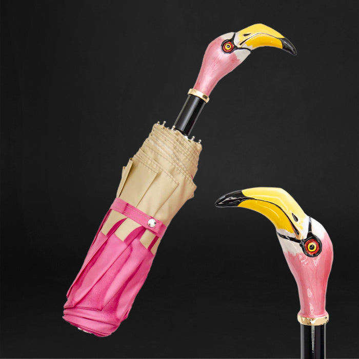 Pink Dahlia Flamingo Handle Luxury Folding Umbrella