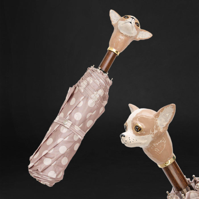 Pink Polka Dots Chihuahua Designer Folding Umbrella