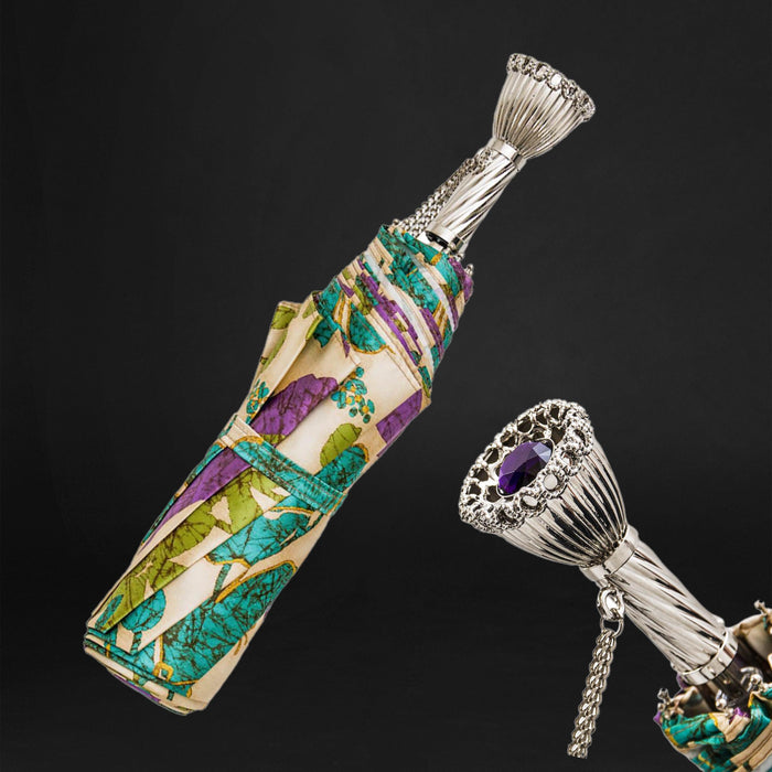 Spring Flower Print Jeweled Brass Folding Umbrella