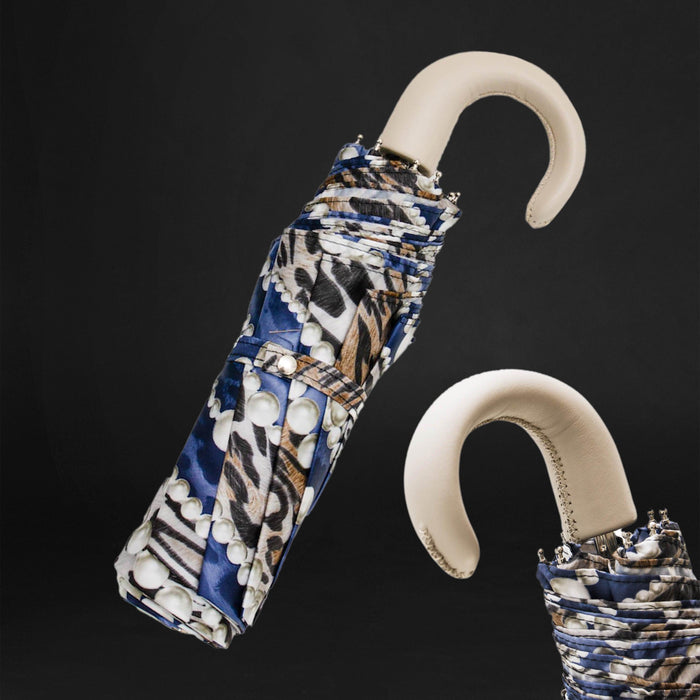 Pearl Print Leather Handle Designer Folding Umbrella
