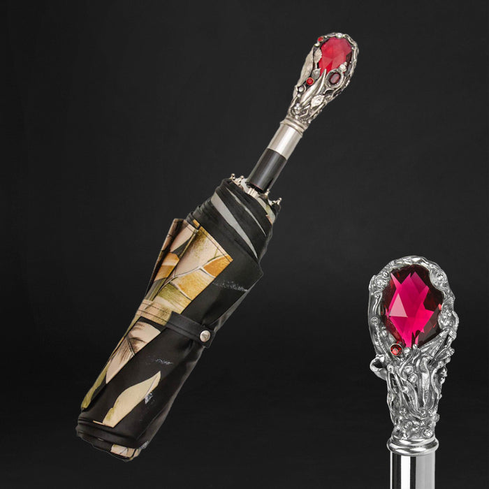 Red Gem Leopard Print Designer Folding Umbrella