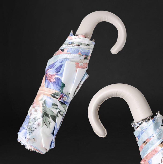 White Floral Leather Unique Folding Umbrella Women