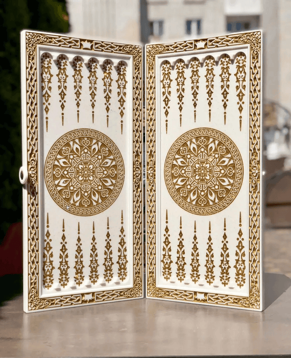 Luxury White Acrylic Stone Backgammon "Wolf" 60×30 cm, Marble Backgammon