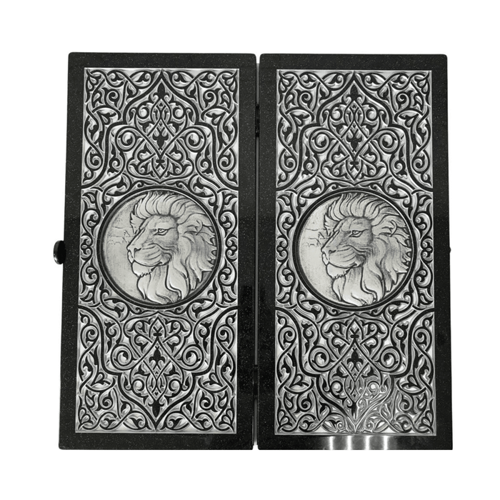 Luxury Black Acrylic Stone Backgammon "Silver Lion" 60×30 cm
