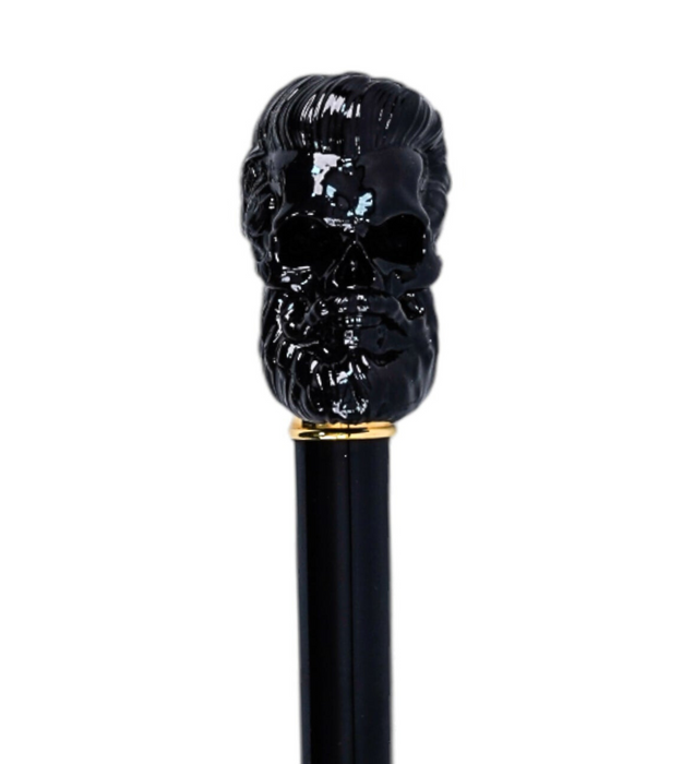 Awesome Walking Cane with Sculpted Black Skull Handle