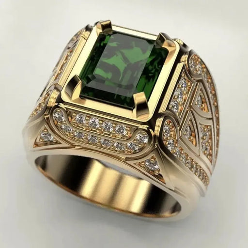 Vintage Golden Ring with Green Gemstone & Crystal Accents
