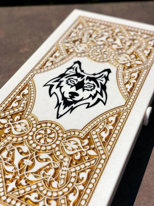 Luxury White Acrylic Stone Backgammon "Wolf" 60×30 cm, Marble Backgammon