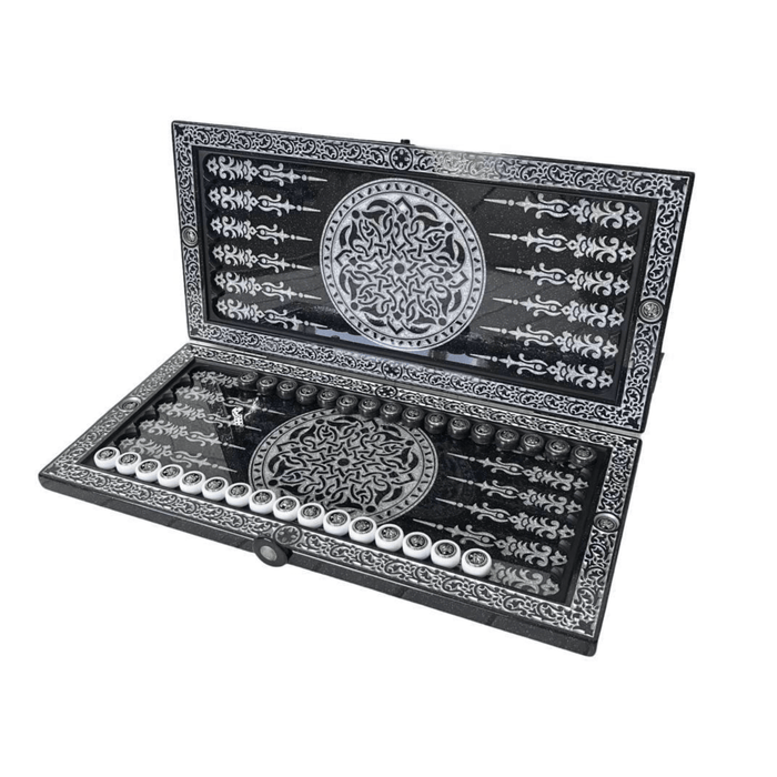 Luxury Black Acrylic Stone Backgammon "Silver Lion" 60×30 cm