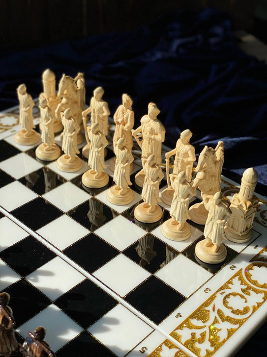 Stone Chess and Backgammon Set with White Acrylic Pieces