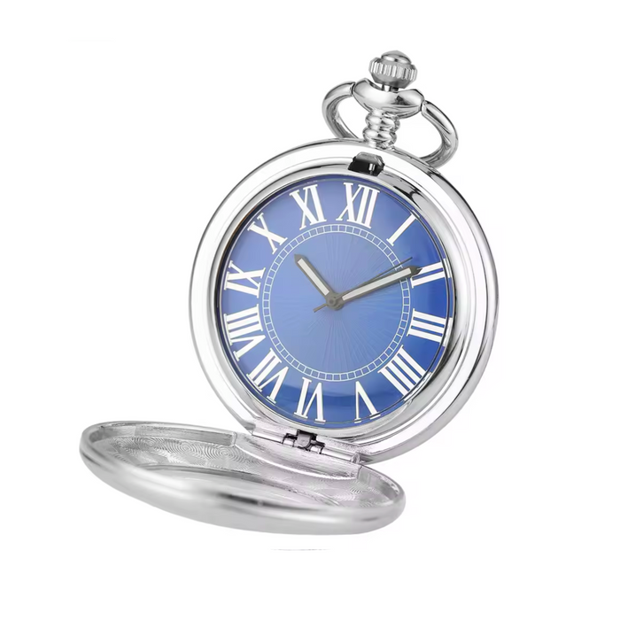 Silver Mechanical Pocket Watch Blue Dial - Roman Numerals Gift