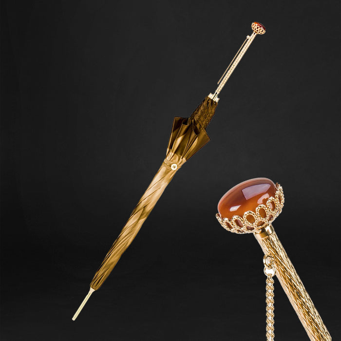Luxury Beige Dahlia Umbrella with Jeweled Brass Handle for Women