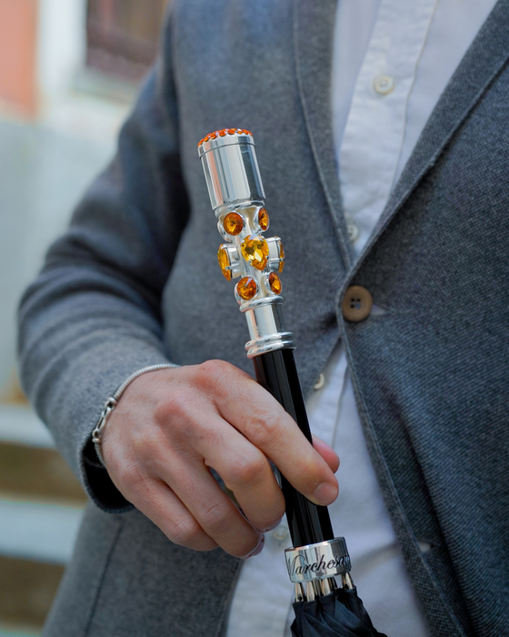 Luxury Striped Umbrella with Topaz-Accented Silver Handle