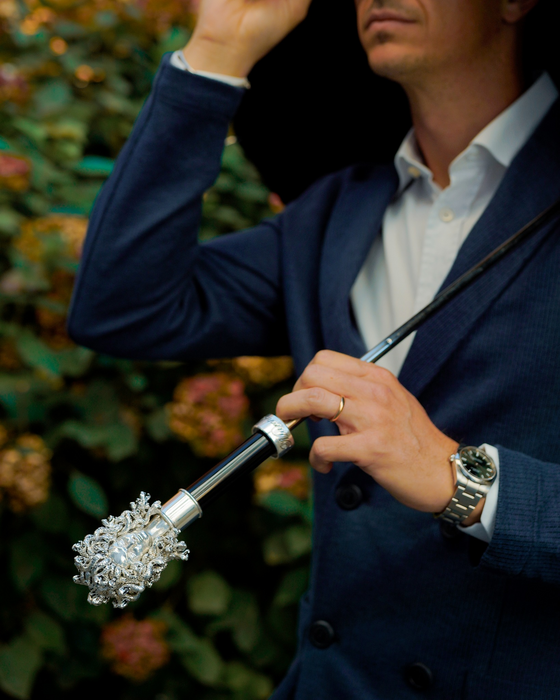 Luxury Black Medusa Umbrella - Italian Handmade, Silver Handle