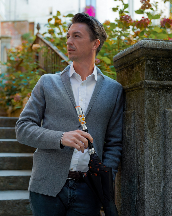 Luxury Striped Umbrella with Topaz-Accented Silver Handle