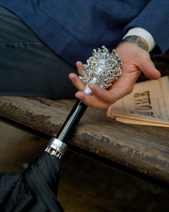 Luxury Black Medusa Umbrella - Italian Handmade, Silver Handle