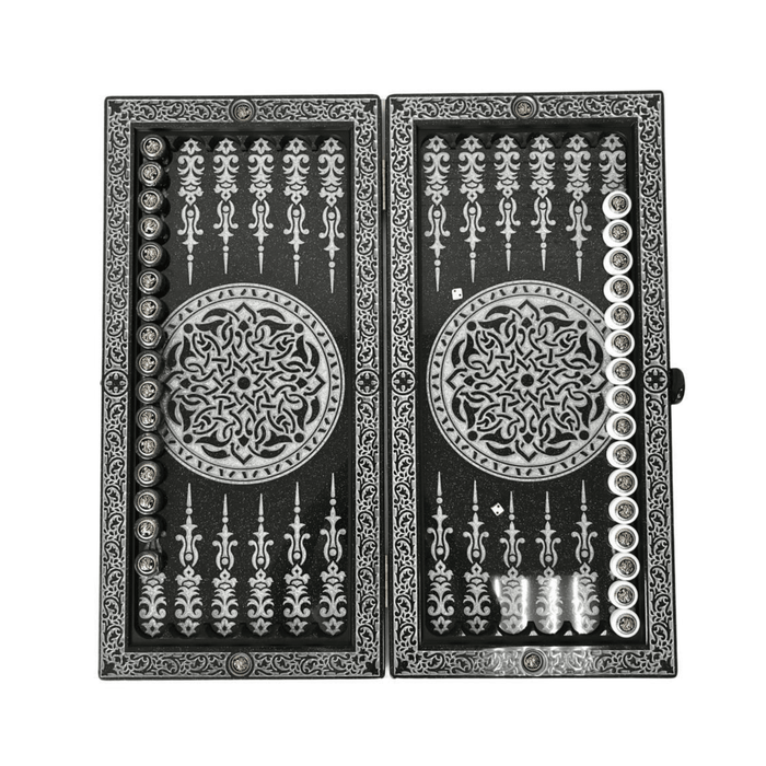 Luxury Black Acrylic Stone Backgammon "Silver Lion" 60×30 cm