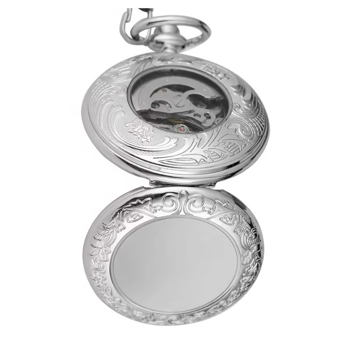 Silver Mechanical Pocket Watch Blue Dial - Roman Numerals Gift
