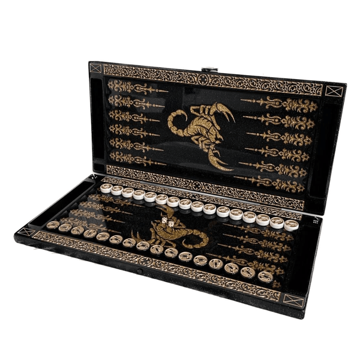 Luxury Black Acrylic Stone Backgammon "Golden Scorpion" 58×28 cm