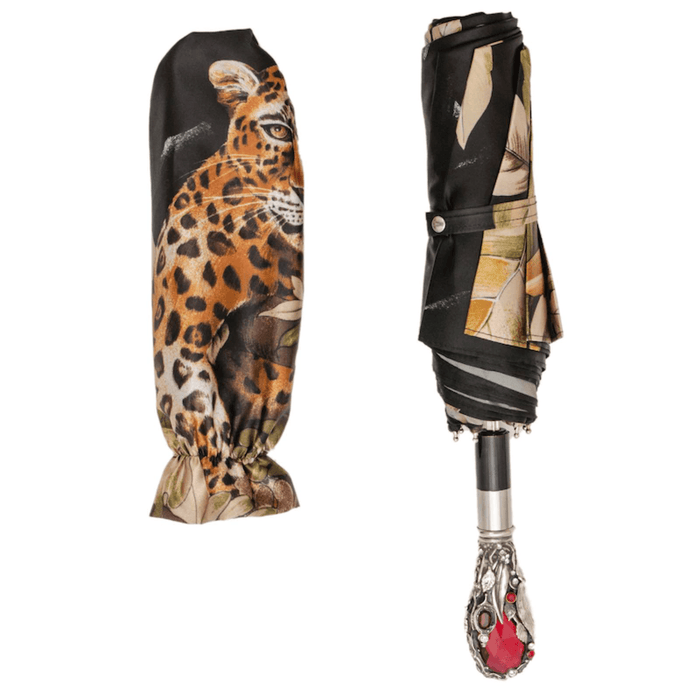 Red Gem Leopard Print Designer Folding Umbrella